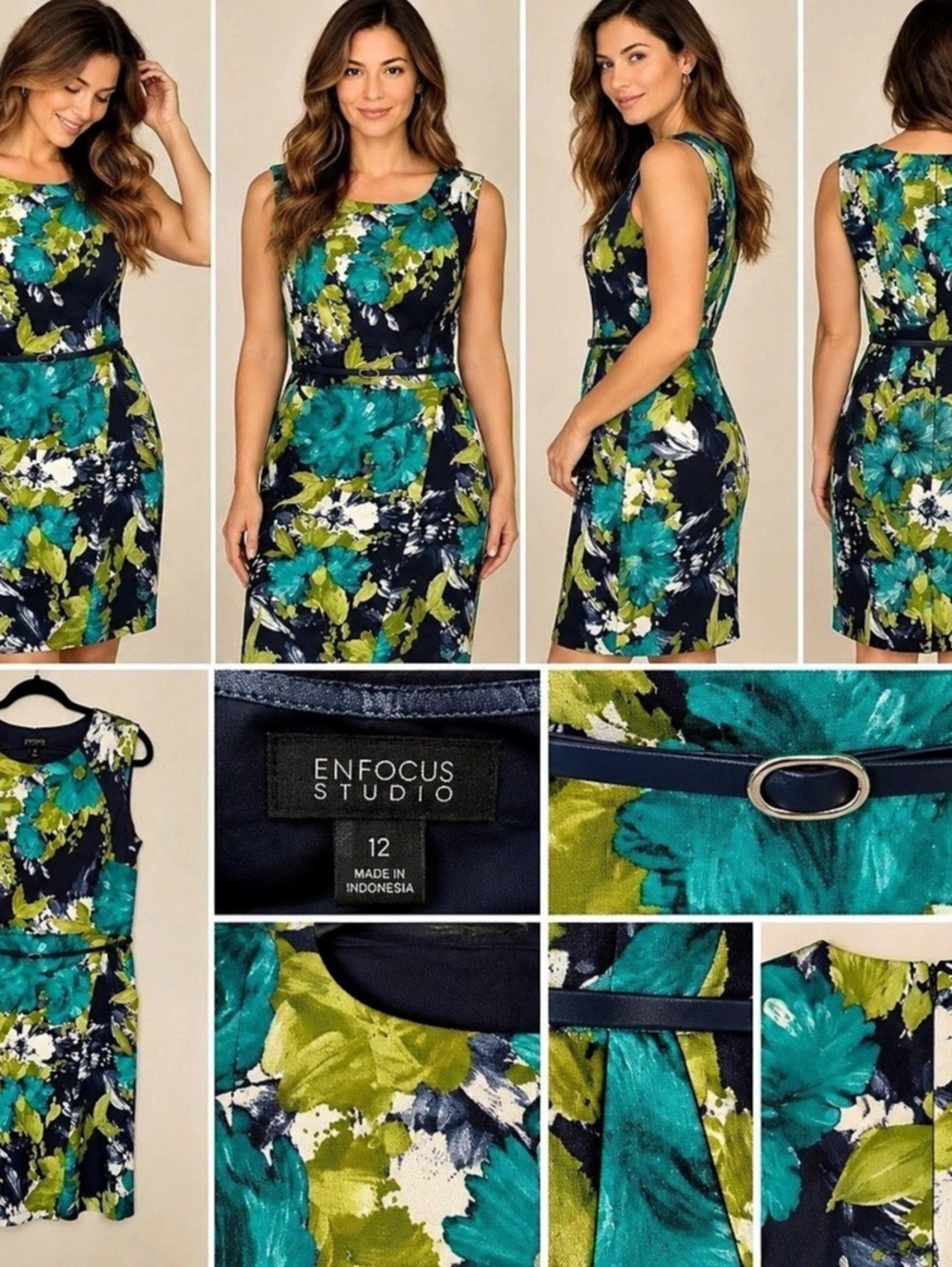 Enfocus Studio Floral Midi Dress Blue Green Size 12 Like New